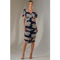 Jolie Moi Women's Angel Sleeve Ruched Bodycon Dress in Mid Navy | Size: 16