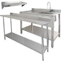 Monstershop 6ft Stainless Steel Catering Bench, Stainless Steel Sink - Left Hand Drainer & 2 x Wall Mounted Shelves in Silver