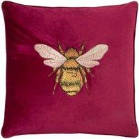 Paoletti Hortus Embroidered Bee Soft Velvet Pipe Trimmed Cushion in Fuchsia | Size: 50 cm x 50 cm