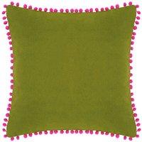 Paoletti Velvet Pom Pom Trimmed Cushion in Bright Green | Size: 45 cm x 45 cm