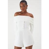 MissPap Women's Bardot Fold Over Detail Button Playsuit in White | Size: 10