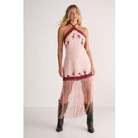 NastyGal Women's Floral Embroidered Lace Trim Halter Neck Fringe Maxi Dress in Blush | Size: 10