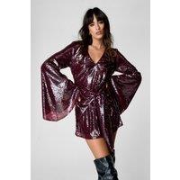 NastyGal Women's Sequin Flared Sleeve Tie Front Mini Dress in Burgundy | Size: 4