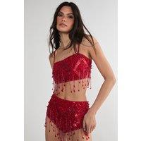 NastyGal Women's Diamante Embellished Tassel Beaded Crop Top in Red | Size: 14