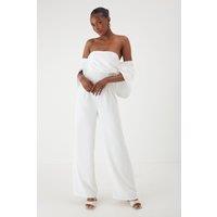 MissPap Women's Bardot Volume Sleeve Wide leg Jumpsuit in Ivory | Size: 8