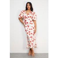 Warehouse Women's Satin Pleat Volume Sleeve Plunge Bias Midi Dress in Floral | Size: 10