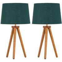 First Choice Lighting Set of 2 Dark Oak Table Lamp or Bedside Lights with Green Gold Shades in Brown