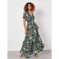 Apricot Women's Scarf Print Smocked Maxi Dress in Green | Size: 10