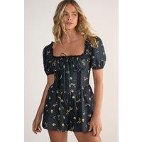 NastyGal Women's Cotton Ditsy Lace Trim Corset Puff Sleeve Romper in Black | Size: 8