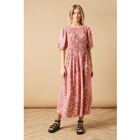 Oasis Women's Printed Shirred Bodice Puff Sleeve Midi Dress in Leopard | Size: 10