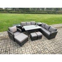 Fimous 10 Seater Outdoor Rattan Garden Furniture Set Oblong Rectangular Dining Table & Chairs Set with 3 Seater Sofa 3PC Footstools 2 Side Tables