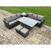 Fimous Outdoor Rattan Garden Furniture Sets Height Adjustable Rising lifting Dining Table Sofa Set with Side Table in Dark Grey