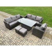 Fimous Outdoor Rattan Garden Furniture Sets Height Adjustable Rising lifting Dining Table Sofa Set with Reclining Chair 2 Small Footstool in Dark Grey