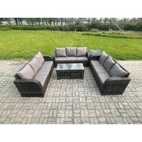 Fimous 11 Seater Outdoor Lounge Sofa Set Rattan Garden Furniture Set with Rectangular Coffee Table Side Table 2 Small Footstools 3 Seater Sofa