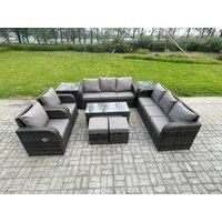 Fimous Wicker PE Rattan Sofa Set 10 Seater Outdoor Patio Garden Furniture Set with 2 Reclining Chairs Coffee Table 2 Side Tables in Dark Grey