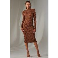 Jolie Moi Women's Long Sleeve Textured Midi Dress in Dark Brown | Size: 14