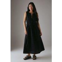 Warehouse Women's Petite Broderie Drawstring Detail Sleeveless Midi Sundress in Black | Size: 10