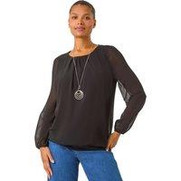 Roman Women's Chiffon Banded Hem Pleated Top in Black | Size: 10