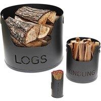 Valiant Fireside Log Storage Set | For Logs, Kindling & Matches | Satin Finish | 3 Piece Set in Black