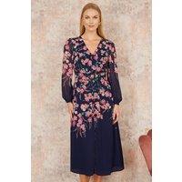 Yumi Women's Navy Button Up Midi Dress With Floral Placement & Long Sleeves | Size: 16