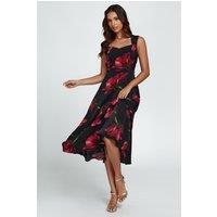 FS Collection Women's Floral Print Heart Neck Midi Dress In Black | Size: Small