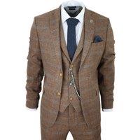 TruClothing Men's 3 Piece Suit Wool Tweed Herringbone in Light Brown | Size: 48R