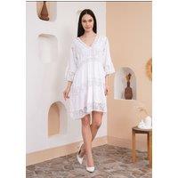 HOXTON GAL Women's Oversized 3/4 Sleeves Lace Detailed V Neck Mini Dress in White
