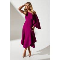 Petite One Shoulder Ruffle Crepe Midi Wedding Guest Dress