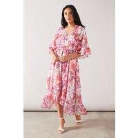 Wallis Women's Petite Mixed Floral Drop Hem Frill Midi Dress in Ivory | Size: 14