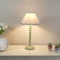 ValueLights Bobbins Sage Green Table Lamp with Tapered Natural Linen Scallop Shade in Pale Blue