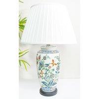 Downton Interiors Red Floral Ceramic Table Lamp with Pleated Shade | Size: Large