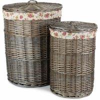 Red Hamper Set of 2 Cotton Lined Wicker Antique Wash Round Laundry Baskets in Grey