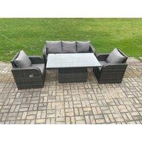 Fimous Rattan Outdoor Garden Furniture Sets Height Adjustable Rising lifting Dining Table Lounge Sofa Set With Reclining Chair Dark Grey Mixed