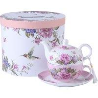 London Boutique Tea For One Teapot Cup Saucer Set Flora Bird Rose Butterfly Beige in Pink | Size: 26.4L