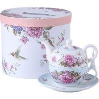 London Boutique Tea For One Teapot Cup Saucer Set Flora Bird Rose Butterfly Beige in Blue | Size: 26.4L
