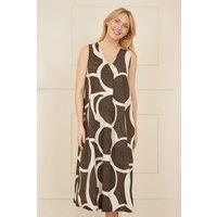 Yumi Women's Brown Cotton Abstract Circle Trapeze Relaxed Midi Dress | Size: Large