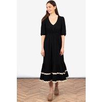 Sarta Women's Bailey Puff Sleeve Maxi Dress - Black/Stone, Wavy Trim in Black | Size: Large