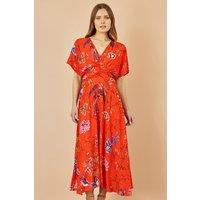 Yumi Women's Orange Viscose Bird & Floral Print Kimono Midi Dress | Size: 8