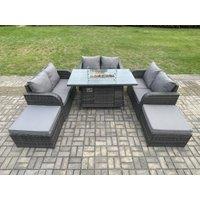 Fimous 8 Seater Rattan Outdoor Garden Furniture Sofa Set Gas Fire Pit Dining Table Gas Heater with Love Sofa 2 Big Footstool in Dark Grey