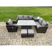 Fimous Outdoor Rattan Furniture Garden Dining Set Patio Table Reclining Chair Sofa With Side Table 2 Small Footstools Dark Grey Mixed