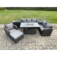 Fimous Garden Patio Furniture Wicker Rattan Gas Fire Pit Table & Sofa Chair set with 2 Side Tables Big Footstool in Dark Grey