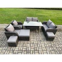 Fimous Outdoor Rattan Garden Furniture 8 piece Grey Patio Furniture Set 9 Seater Lounge Sofa Set with Rectangular Table 3 Stools in Dark Grey