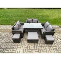 Fimous Rattan Garden Outdoor Furniture 3 PC Love Sofa Set Adjustable Rising lifting Dining Table With 3 Footstools in Dark Grey