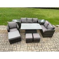 Fimous Rattan Outdoor Furniture Garden Dining Set Patio Height Adjustable Rising lifting Table Reclining Chair Sofa With 2 Side Tables Footstools
