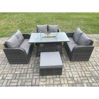 Fimous Rattan Outdoor Garden Furniture Sofa Set Gas Fire Pit Dining Table Gas Heater with Love Sofa Big Footstool Dark Grey Mixed