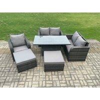 Fimous 7 Seater Rattan Furniture Garden Dining Set Outdoor Height Adjustable Rising lifting Table Love Sofa Chair With 2 Big Footstool in Dark Grey