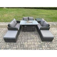Fimous Rattan Outdoor Garden Furniture Sofa Set Gas Fire Pit Dining Table Gas Heater with Side Table Love Sofa 2 Big Footstool in Dark Grey