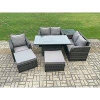 Fimous 7 Seater Rattan Furniture Garden Dining Set Outdoor Height Adjustable Rising lifting Table Love Sofa Chair With Side Table in Dark Grey