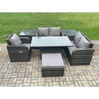 Fimous 6 Seater Rattan Furniture Garden Dining Set Outdoor Height Adjustable Rising lifting Table Love Sofa Chair With Side Table in Dark Grey