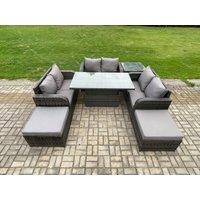 Fimous Rattan Garden Outdoor Furniture 3 PC Love Sofa Set Patio Adjustable Rising lifting Dining Table With Side Table 2 Big Footstool in Dark Grey